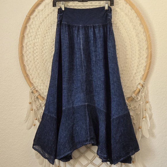 Oizino Linen Boho Lagenlook Asymmetrical Hem Pockets Blue Midi Maxi Skirt M - Picture 9 of 10